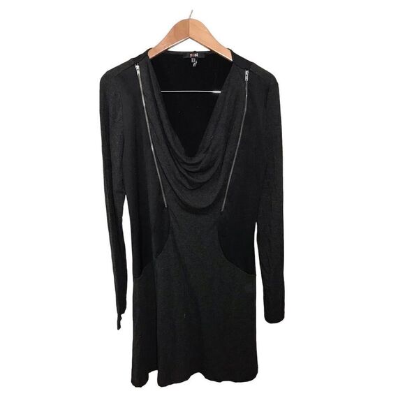 Yest Long Sleeve Zip Accent Dress 8 Mixed Media Contrast A-Line Goth Gray Black - Picture 1 of 6